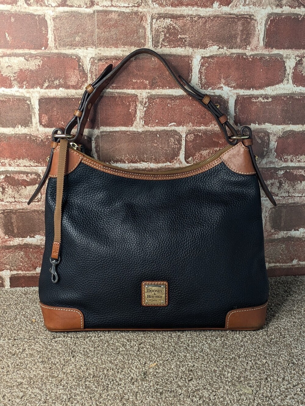 Dooney Bourke Pebble Grain Hobo Shoulder Bag Black Leather Tan Trim